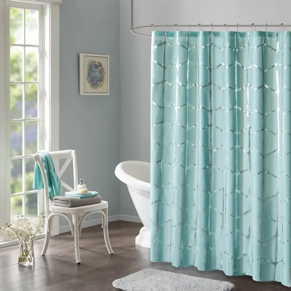 Intelligent Design Arielle Aqua Metallic Geometric Microfiber Shower Curtain